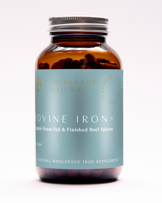 Bottle of Bovine Iron+ supplement, made from regenerative grass-fed Australian beef spleen.
