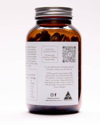 A bottle of Highlands Natural Bovine Multi supplements with a label showing the ingredients, serving suggestion, QR code, social handles and an Australian Made label.