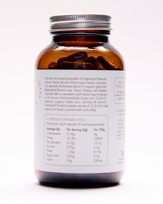 A bottle of Highlands Natural Bovine Multi supplements with a label showing the nutritional information.