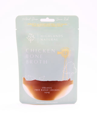 Pouch of organic, free-range Australian Chicken Bone Broth by Highlands Natural. 