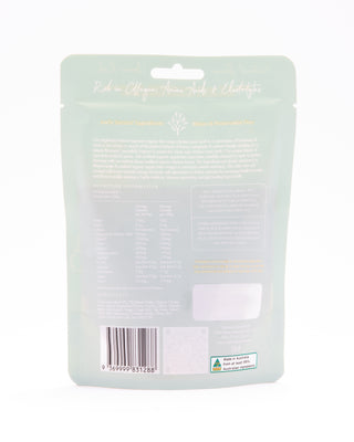 Reverse side of a pouch of organic, free-range Australian Chicken Bone Broth by Highlands Natural, showing ingredients, story, serving details and nutritional information.