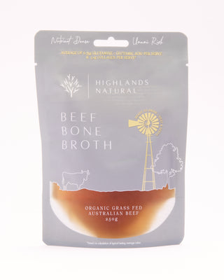 Pouch of organic, grass-fed Australian Beef Bone Broth by Highlands Natural.