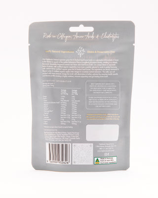 Reverse side of a pouch of organic, grass-fed Australian Beef Bone Broth by Highlands Natural, showing ingredients, story, serving details and nutritional information.